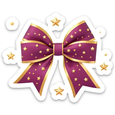 sparkly burgundy bow with gold outline and stars, metallic chrome shine sticker