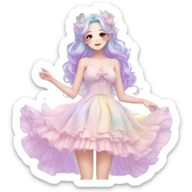 gorgeous pretty attractive anime lady beautiful pastel-gradient hair with a gorgeous dress fairycore cottagecore pastelcore detailed high quality trending VOGUE aesthetic full body sticker