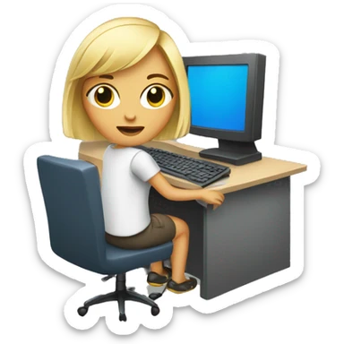 Blond girl working on computer sticker