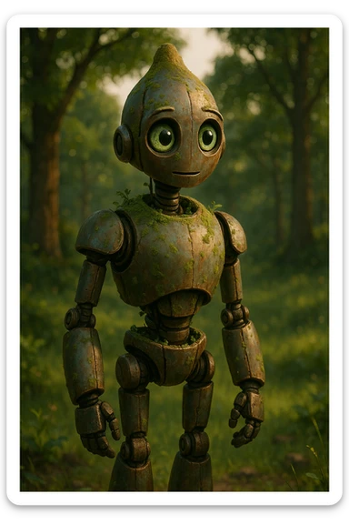 robot character inspired by The Wild Robot movie, standing in a natural outdoor setting, cinematic, detailed, expressive, with a gentle and curious look sticker