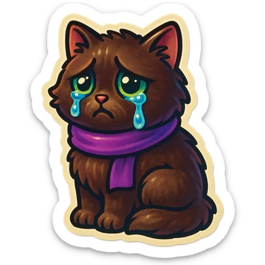 Fluffy sad crying cute dark-brown cat with green eyes and a purple scarf  sticker