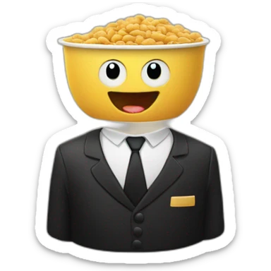 anthropomorphic cereal bowl character wearing a black suit sticker