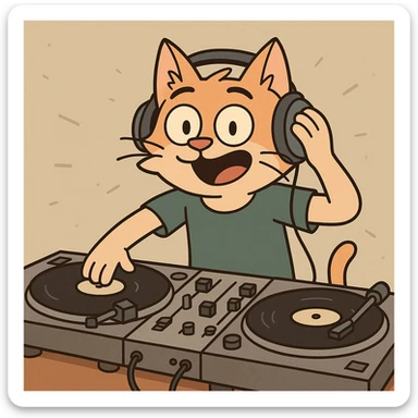 a cat DJ with turntables, energetic, cartoon style sticker