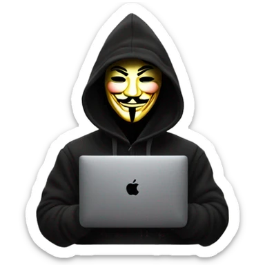guy fawkes mask black hoodie typing on macbook sticker