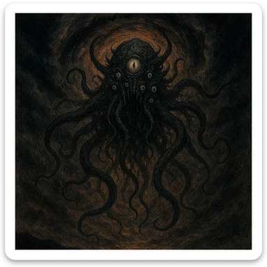 cosmic horror entity emerging through a swirling vortex in the sky, tentacles and eyes, ominous atmosphere, dramatic lighting, horror illustration style sticker