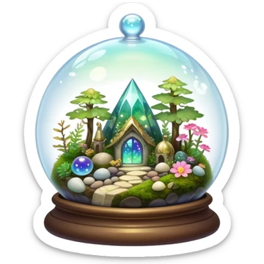 Sparkly shiny iridescent Mystical woodland glass-dome-terrarium-globe with moss inside, with marbles, with pebbles, crystals, with bones inside, and flowers inside  sticker