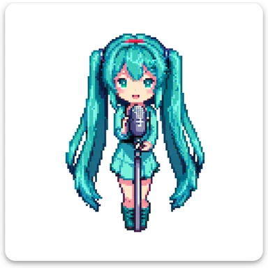 Hatsune Miku singing with a microphone, teal hair, pixel art character sticker