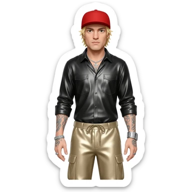 Fred Durst with blonde hair, red cap, black metallic shirt, beige metallic baggy pants, silver necklace sticker