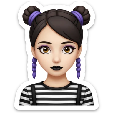 generate a pretty fair bratz girl with dark brown eyes. Dark brown hair straight hair with coloured highlights tied into buns.  eyeliner. black lipstick. Wearing a white and black striped top sticker