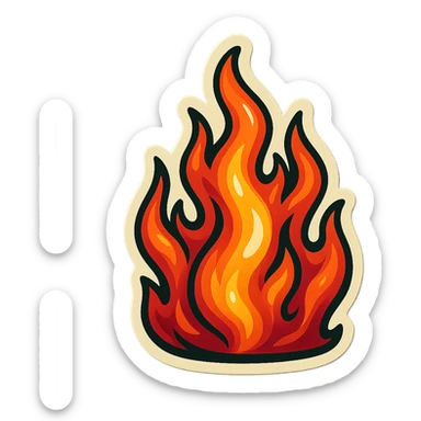retro sticker style image of a stylized fire with multiple flame parts, bold contours, juicy colors, expressive highlights and shadows sticker