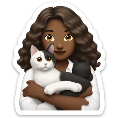 long wavy haired brown skin woman holding black and white cat sticker