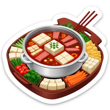 Chongqing Nine-grid Hot Pot with divided sections and spicy red broth, simplified emoji style with bold outlines and bright colors, cartoon style square Jiugongge Huoguo sticker