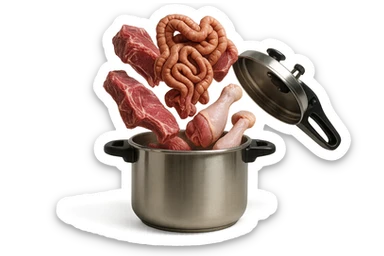 una pentola a pressione dentro cui cadono agnello, pollo e tacchino crudi da cuocere e un intestino umano anatomico realistico, iperrealistico 4k sticker