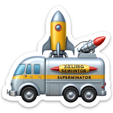 Heroic SuperBug Ron’s exterminator superminator antique rocket powered tall robot moving van (motto: Killing bugs is fun) sticker