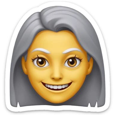 woman with gray skin and white blank eyes and a scary smile sticker