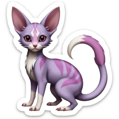 Furry, Purple, white, black, Minccino-Sphynx-Lykoi-Linoone-Zangoose-fusion-hybrid-animal-Fakémon-creature, full body, thin long sleek scaly tail, intricate markings sticker
