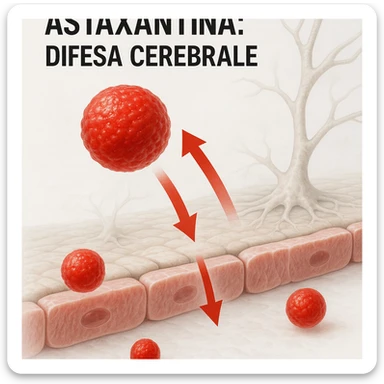 hyper realistic red astaxanthin molecule crossing a blood-brain barrier, clinical atmosphere, white background, red arrows indicating passage, with text 'Astaxantina: difesa cerebrale' sticker