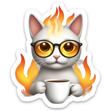 Illustrate a calm cat with glasses, holding a coffee cup, surrounded by flames. The cat has a relaxed expression with closed eyes, unfazed by the fire. sticker