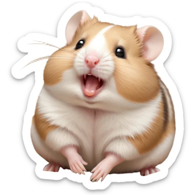 Cinematic Cute Yawning Brown and White Banded Hamster Portrait Emoji, Head tilted slightly with a dramatic, wide-open yawn, revealing a soft, banded fur of brown and white with tiny droopy ears, round dark eyes barely open in drowsy contentment, Simplified yet irresistibly adorable features, highly detailed, glowing with a soft, cozy glow, high shine, relaxed yet expressive, stylized with a touch of whimsy, bright and endearing, soft glowing outline, capturing the essence of a sleepy yet affectionate hamster, so drowsy it feels like it could stretch out of the screen and curl up for a nap! sticker