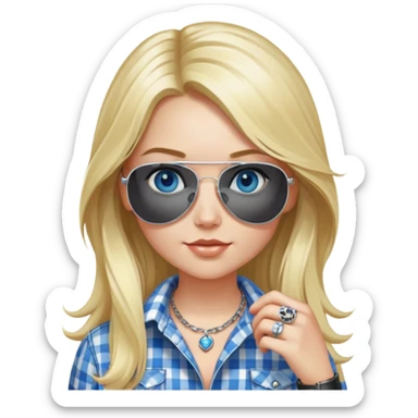 girl with long blond hair, wearing black and white plaid shirt with blue eyes and aviator sunglasses wearing a ring on her silver necklace sticker