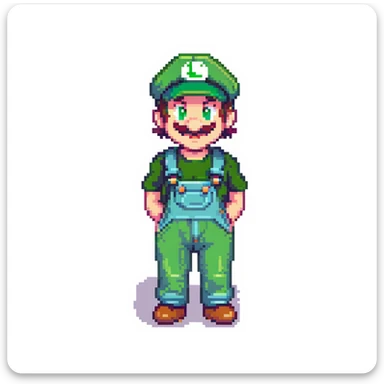 Luigi character in classic green hat and overalls, pixel art style sticker