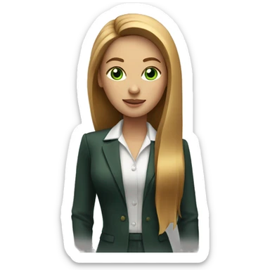 executive woman, long straight golden brown hair, green eyes, heart shaped face sticker
