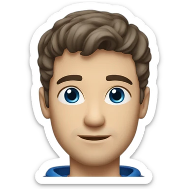 blue eyed, good looking Caucasian, athletic male with dark brown clean cut hair, wearing a blue sweatshirt sticker