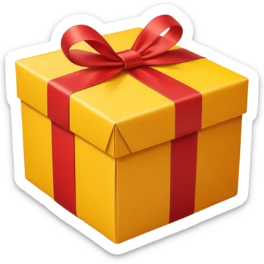 box with yellow wrapping paper and a length of red ribbon surrounding it on the ground so you can see most of the box sticker