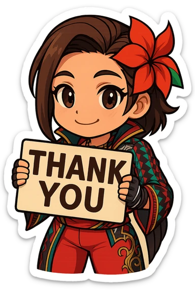 Azucena from Tekken 8 in chibi sticker style, holding a sign that says 'THANK YOU', grateful expression, wearing the detailed red and patterned outfit from the reference images, designed for Twitch emote use. sticker