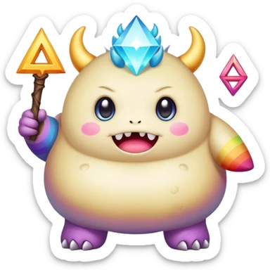 Kawaii derpy fat rainbow monster surrounded by magic runes, rich textures, visually rich, so lifelike that it feels like it could leap off the page at any moment sticker