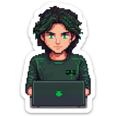man with dark hair and green eyes working on a laptop, simple background, pixel art style sticker