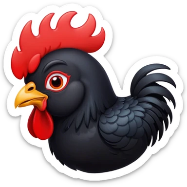 Cinematic Cute Black Rooster Portrait Emoji, Head tilted playfully and inquisitively, featuring a glossy, immaculate black plumage with a vibrant red comb, round, sparkling eyes filled with curiosity, Simplified yet irresistibly adorable features, highly detailed, glowing with a warm, friendly glow, high shine, affectionate and spirited, stylized with a touch of farmyard whimsy, bright and endearing, soft glowing outline, capturing the essence of a mischievous yet loving rooster, so playful it feels like it could strut out of the screen and into your arms! sticker
