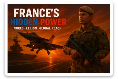 Reformat the image for a YouTube video thumbnail with a 16:9 aspect ratio. Include a bold and readable tricolor headline 'FRANCE’S HIDDEN POWER' and clear subtext 'Nukes • Legion • Global Reach'. Ensure a dramatic 8K scene with a Rafale jet taking off from Charles de Gaulle at sunset, and a Foreign Legionnaire in desert camo holding a futuristic weapon in the foreground. The style should be epic, high contrast, vibrant colors, optimized for YouTube thumbnail visibility. sticker