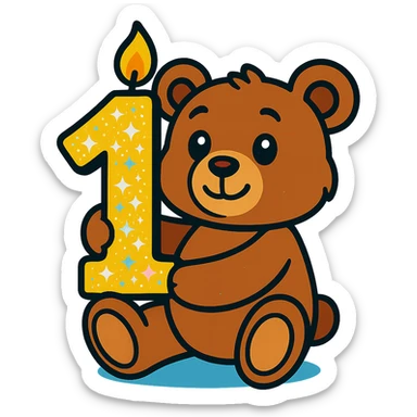 brown teddy holding sparkly number "1" candle, vibrant-toon style, transparent background sticker