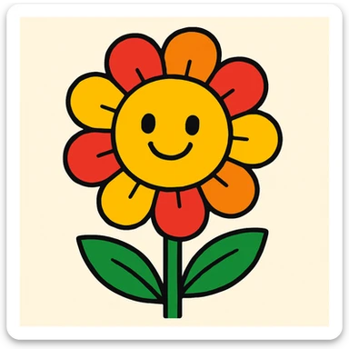 a vibrant cartoon-style flower with a smiling face sticker