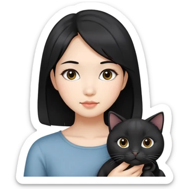 An Asian girl with shoulder-length black hair, slightly grey highlights. Holding two black cats. One with big round face, another one with slightly slimmer face.  sticker