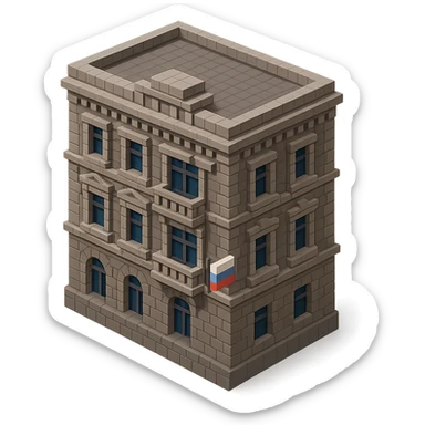 voxel style old Saint Petersburg building, gray-brown tones, ornate facade, Russian flag hanging from one window or balcony, isometric view sticker