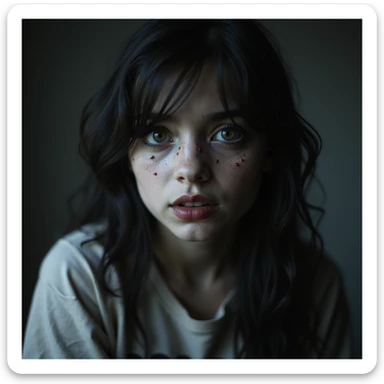 realistic horror portrait of a beautiful scary girl with supernatural beauty, unsettling expression, horror lighting, gothic style sticker