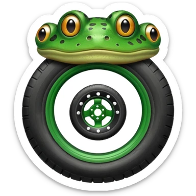 Frog head on top of tire. The tire is the body and the legs are on the bottom of the tire sticker