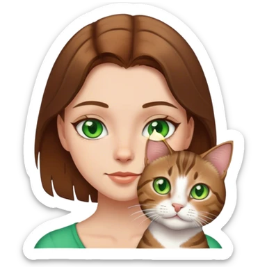 white girl with brown hair green eyes with a tabby cat sticker