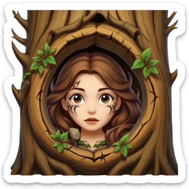 ute forest witch woman long wavy brown hair tattoos peeking from tree hollow sticker