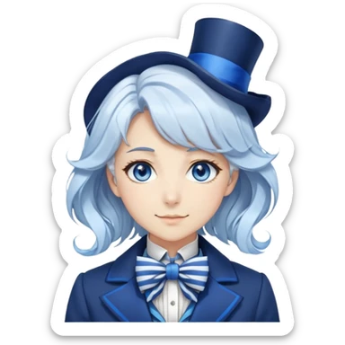 Beautiful gorgeous anime lady with white wavy hair with thin blue stripes, blue eyes, blue short top hat with a blue bow tie, smug grin, blue coat, blue cravat, white gloves sticker