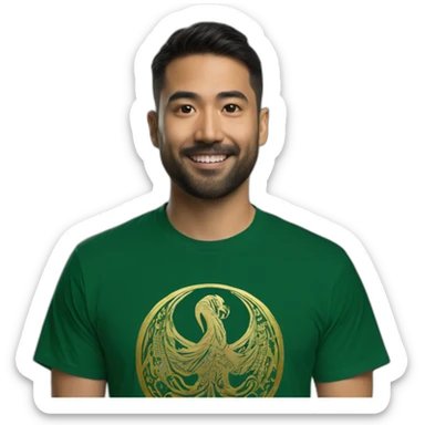 Green dark T-shirt with a gold logo of a simorgh sticker