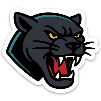 fierce panther head inspired by Penrith Panthers, black and teal colors, open mouth, sharp teeth, intense eyes, modern sports logo style, bold lines sticker