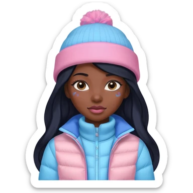 Black skin and black long hair lady with pink and blue pastel jacket and blue pastel winter hat sticker