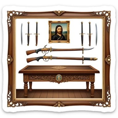 Icon for Antiques Collecting: vintage intricately carved furniture, famous paintings, antique swords, and rifles. The items are displayed on a wooden table or shelf. The icon should evoke the rich history and craftsmanship of antique collecting. Transparent background. sticker