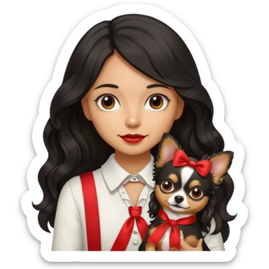 A girl with light to medium skin with olive skin tone, with long black hair with wavy bottom. Holding a chihuahua dog wearing a ribbon sticker