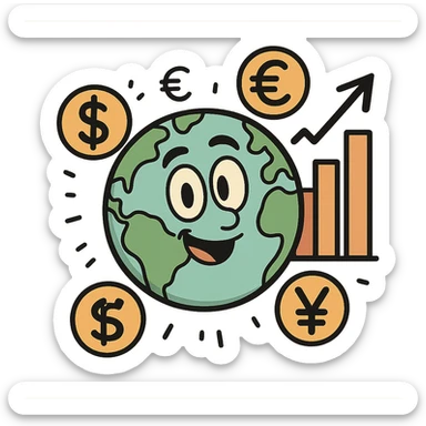 cartoon style icon for economy, featuring a globe, currency symbols, and a bar graph sticker