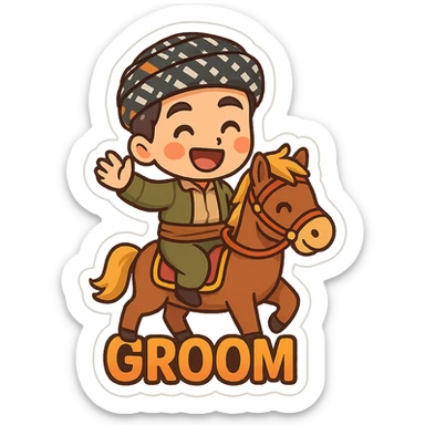 cartoon Kurdish groom wearing traditional clothes, riding a horse, in a separate frame designed for groom, happy and colorful, no text, suitable for WhatsApp and Instagram sticker, transparent background sticker