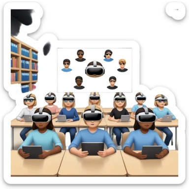 Birdseye view of large study space with students working separately add students wearing Virtual reality headsets sticker